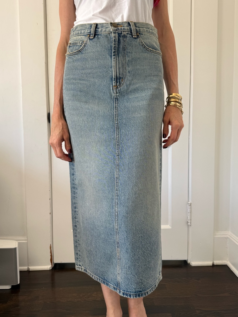 THE GREAT. Light Blue Denim Midi Skirt